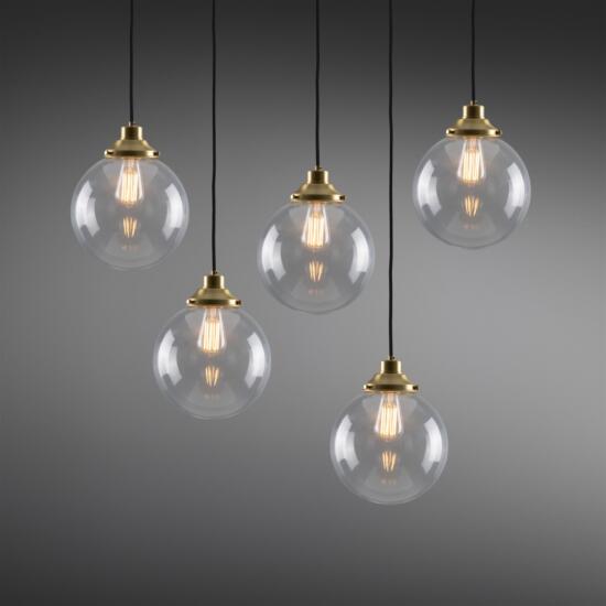 Riad Clear Globe Pendant Cluster, Five Light, Satin Brass