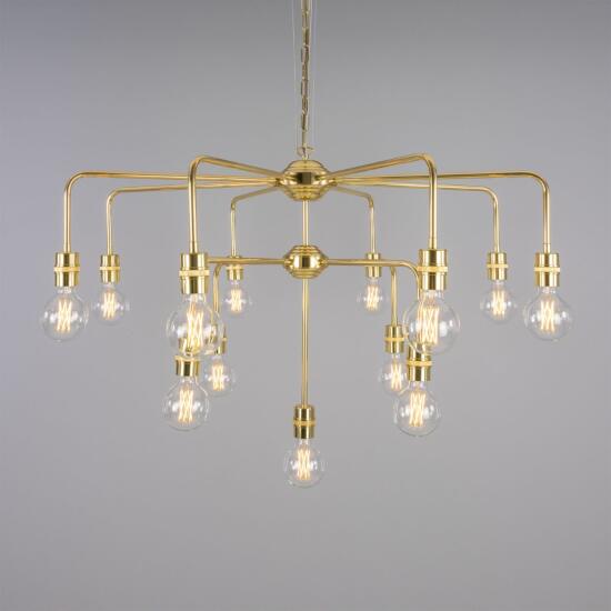 Pisa Three-Tier Bare Bulb Brass Chandelier, 13-Light