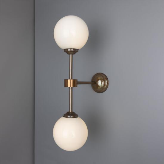 Yaounde Double Opal Glass Globe Brass Wall Sconce, Antique Brass