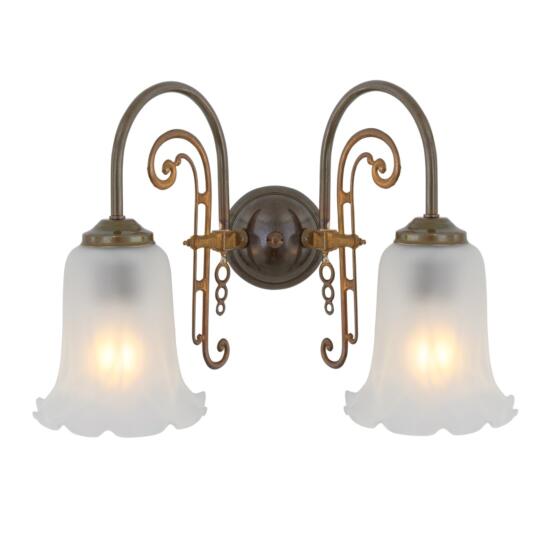 Medan Two-Arm Wall Sconce with Etched Glass Shades, Antique Brass