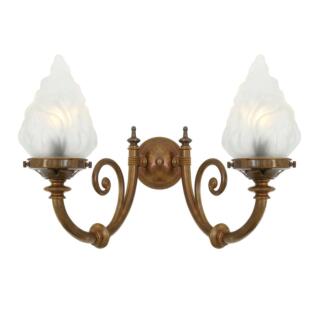 Darwin Two-Arm Wall Light with Flame Glass Shades, Antique Brass