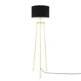 Erill Tripod Brass Floor Lamp with Drum Black Fabric Shade, Polished Brass