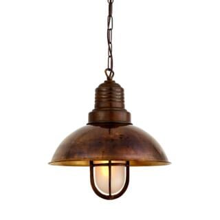 Tirana Deck Industrial Cage Pendant Light 30cm, Antique Brass, Frosted Glass