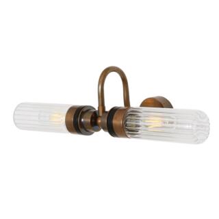Nevis Double Prismatic Tube Glass Bathroom Wall Sconce with Swan Neck IP65, Antique Brass