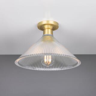 Hanoi Vintage Holophane Glass Flush Ceiling Light 30cm, Satin Brass