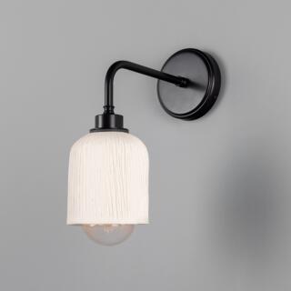 Osier Organic Ceramic Bathroom Wall Sconce, Matte White Striped IP44, Powder-Coated Matte Black