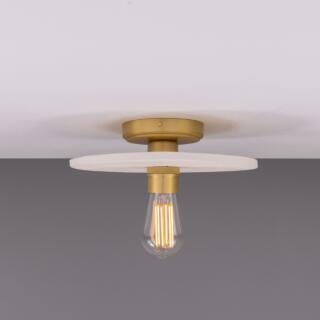 Bog Oak Organic Ceramic Disc Ceiling Light, Matte White Striped, Satin Brass