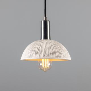 Kauri Organic Ceramic Dome Pendant Light 20cm, Matte White Striped, Antique Silver