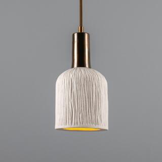 Osier Organic Ceramic Pendant Light 4.5", Matte White Striped, Antique Brass