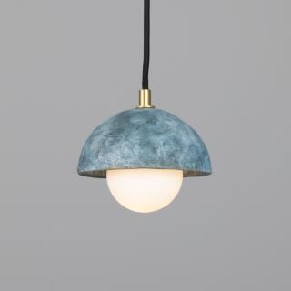 Ferox Small Ceramic Dome Pendant Light 14cm, Blue Earth, Satin Brass