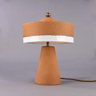 Seville Ceramic Mid-Century Modern Table Lamp, Terracotta and White Glaze, Antique Brass