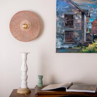 Bog Oak Organic Ceramic Disc Wall Sconce, Red Iron