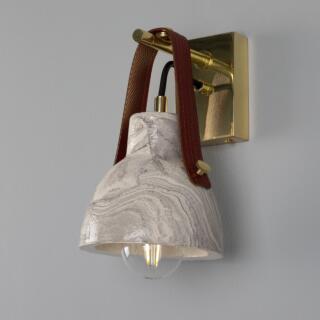 Nagi Marbled Ceramic Wall Light with Rescued Fire-Hose Strap, Polished Brass with Red Rescued Fire-Hose Strap