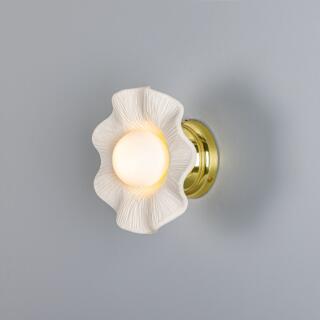 Rivale Wall Sconce with Wavy Ceramic Shade, Matte White Striped, Polished Brass