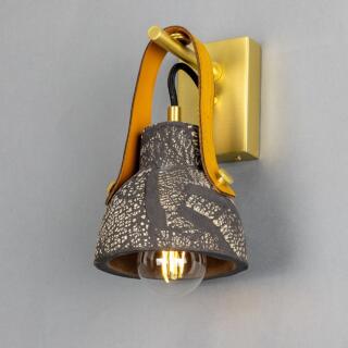 Nagi Organic Ceramic Wall Sconce with Rescued Fire-Hose Strap, Black Clay, Satin Brass with Yellow Strap