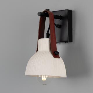 Nagi Organic Ceramic Wall Sconce with Rescued Fire-Hose Strap, Matte White Striped with Red Strap