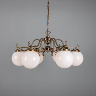 Kilturk Traditional Chandelier with Opal Glass Globes, Six-Light, Antique Brass