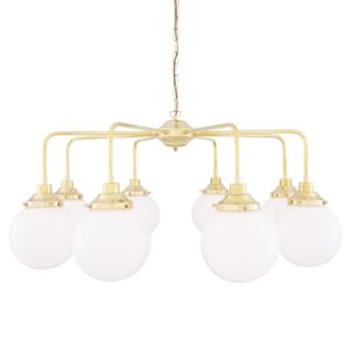 Rome Mid-Century Single Tier Brass Chandelier with Opal Globe Shades, Eight-Light