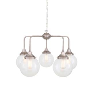 Rome Mid-Century Single Tier Brass Chandelier with Clear Glass Globe Shades, Five-Light