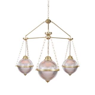 Blaenau Holophane Glass Polished Brass Chandelier, Three-Arm