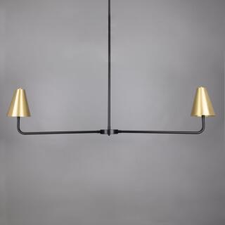 Riverton Black Minimalist Island Chandelier, Satin Brass Shades