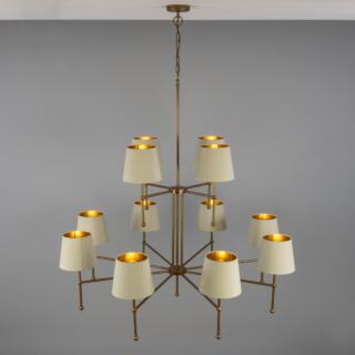 California Modern Brass Two-Tier Chandelier, 12-Arm, Antique Brass