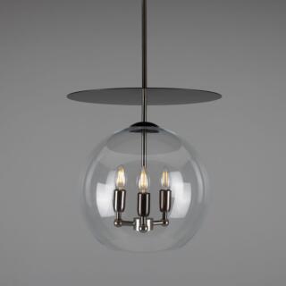 Casablanca Modern Open Glass Globe Mini Chandelier with Disc, Three-Light, Antique Silver and Powder-Coated Matte Black
