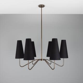 Para Modern Brass Chandelier with Fabric Shades, Six-Arm, Antique Brass with Black Shades