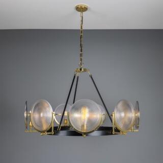 Portland Prismatic Glass Dish Chandelier, Nine-Light, Powder-Coated Matte Black