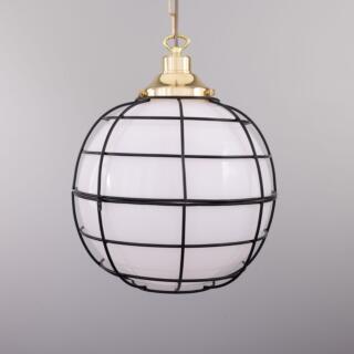 Hudson Vintage Glass Globe Cage Pendant Light 11.8", Polished Brass and Opal Glass