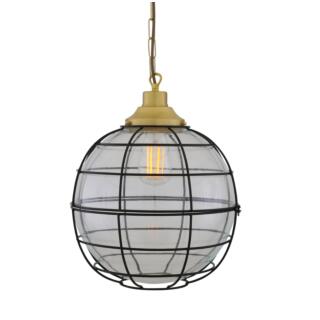 Hudson Vintage Glass Globe Cage Pendant Light 30cm, Satin Brass and Clear Glass