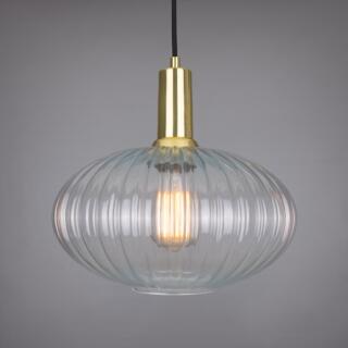 Neith Oval Reeded Glass and Brass Pendant 30cm, Polished Brass