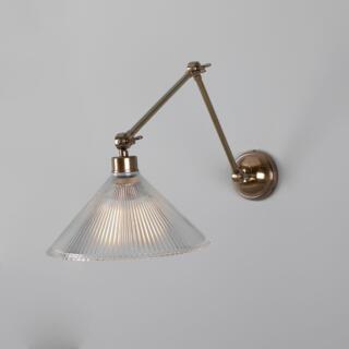 Rebell Adjustable Arm Wall Sconce with Prismatic Glass Shade, Antique Brass