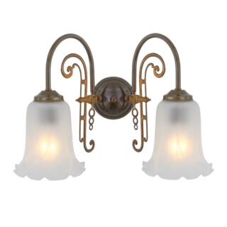 Medan Two-Arm Wall Light with Etched Glass Shades, Antique Brass