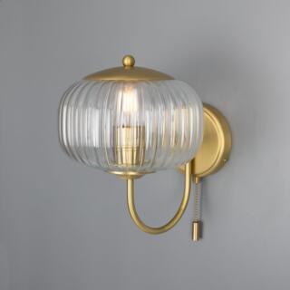 Nehir Reeded Glass Wall Light with Pull Switch, Satin Brass