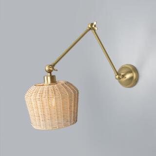 Manila Adjustable Arm Wall Sconce with Small Rattan Shade, Satin Brass