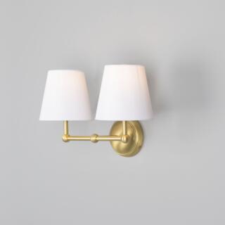 Busan Modern Brass Double Wall Sconce with Fabric Shades, Satin Brass