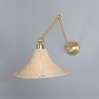 Savannah Adjustable Arm Wall Sconce with Large Bell-Shaped Rattan Shade, Satin Brass