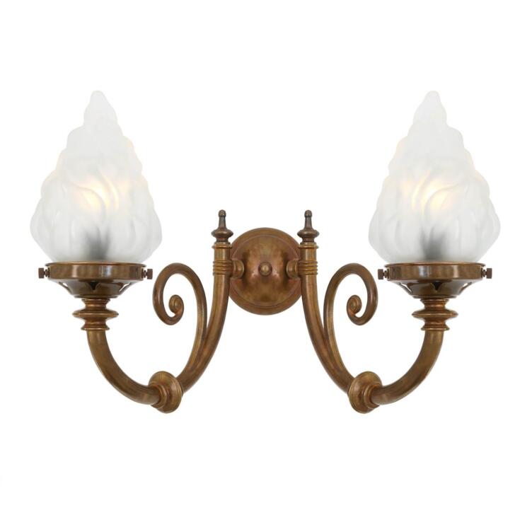 Darwin Two-Arm Wall Sconce with Flame Glass Shades, Antique Brass Darwin Two-Arm Wall Sconce with Flame Glass Shades, Antique Brass
