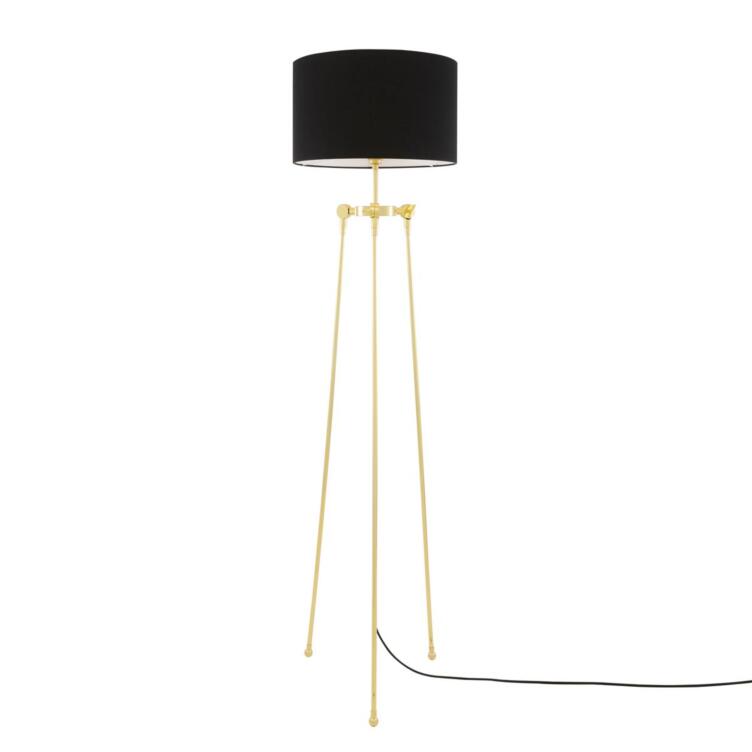 Erill Tripod Brass Floor Lamp with Drum Black Fabric Shade, Polished Brass Erill Tripod Brass Floor Lamp with Drum Black Fabric Shade, Polished Brass