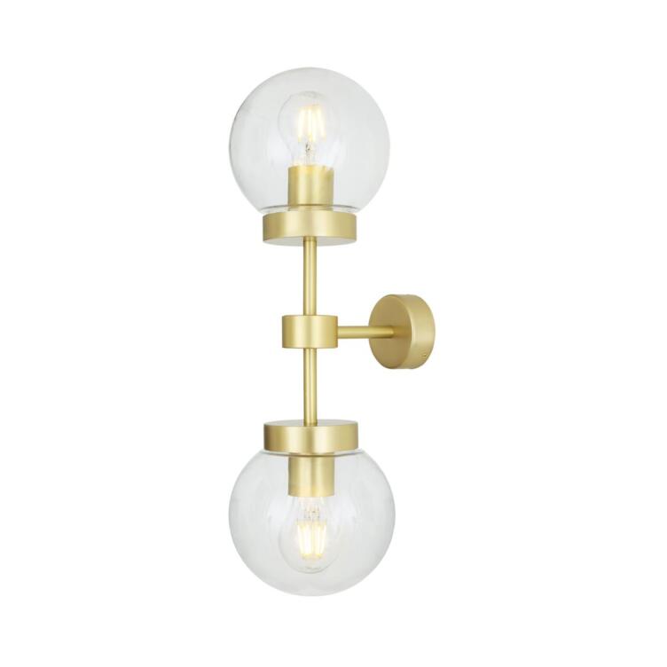Grange Double Clear / Opal Glass Globe Wall Sconce, Satin Brass