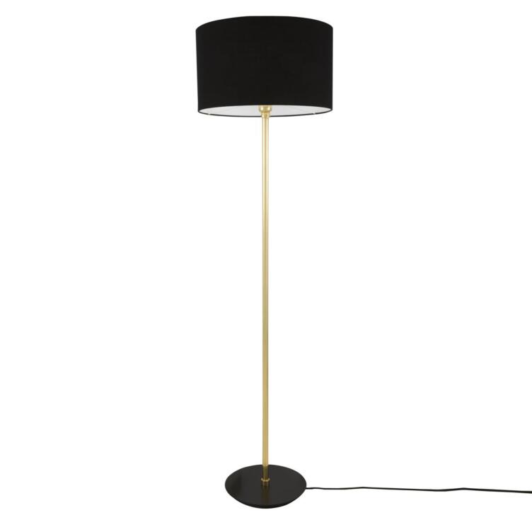 Inch Modern Floor Lamp with Large Drum Black Fabric Shade, Polished Brass and Powder Coated Matte Black Base Inch Modern Floor Lamp with Large Drum Black Fabric Shade, Polished Brass and Powder Coated Matte Black Base