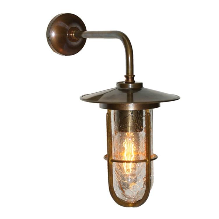 Lena Well Glass Bathroom / Outdoor Wall Light IP65, Antique Brass Crackled Glass