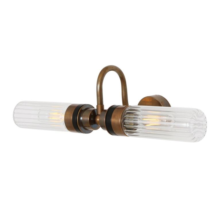 Nevis Double Prismatic Tube Glass Bathroom Wall Sconce with Swan Neck IP65, Antique Brass