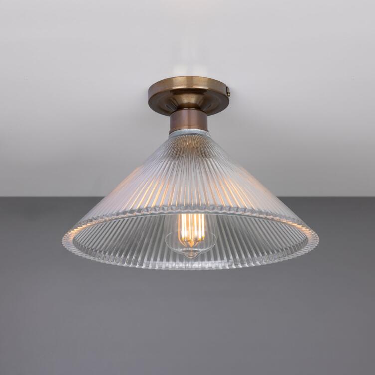 Hanoi Vintage Prismatic Glass Flush Ceiling Light 30cm, Antique Brass