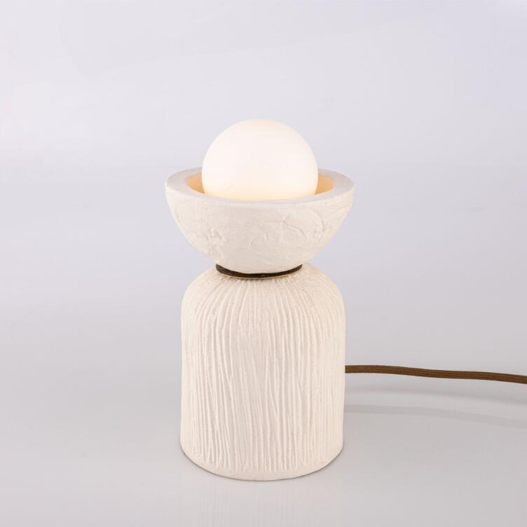 Prali Ceramic Table Lamp with Glass Globe, Matte White Striped, Antique Brass