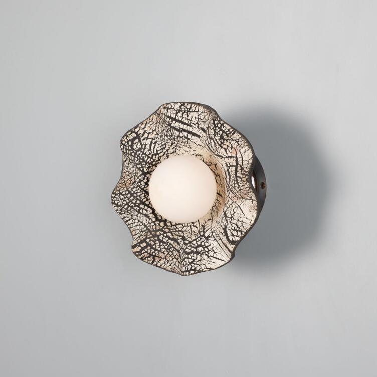 Rivale Wall Sconce with Wavy Ceramic Shade, Black Clay, Antique Brass