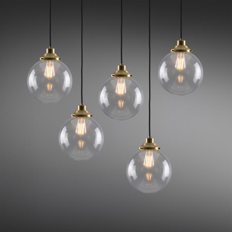Riad Clear Globe Pendant Cluster, Five Light, Satin Brass