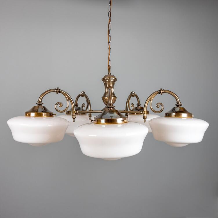 Clones 1920's Schoolhouse Chandelier, Five-Arm, Antique Brass Clones 1920's Schoolhouse Chandelier, Five-Arm, Antique Brass