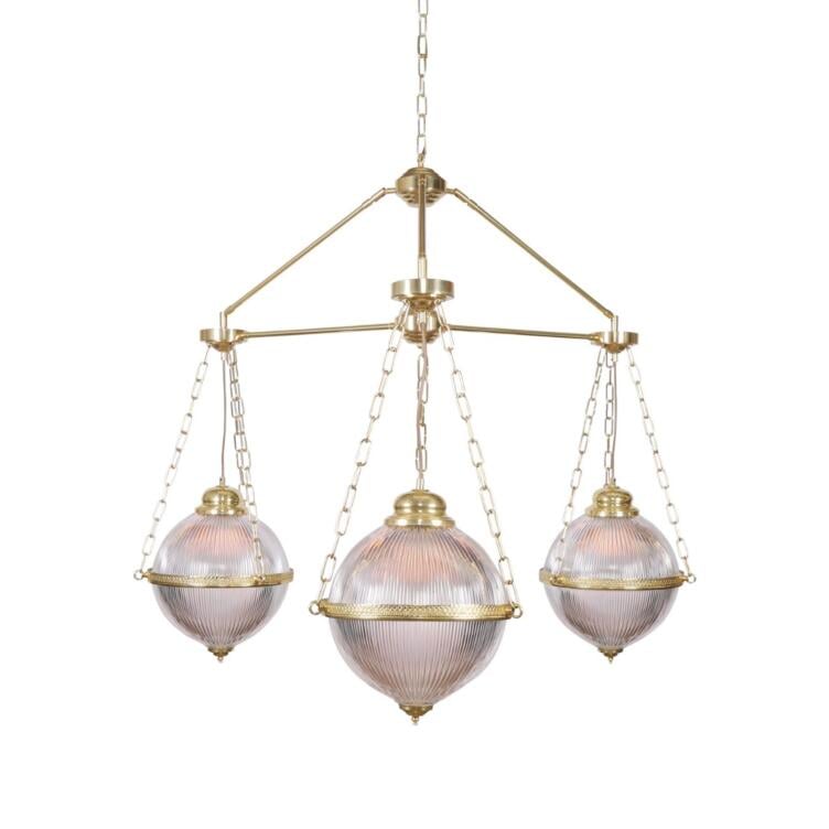 Blaenau Prismatic Glass Polished Brass Chandelier, Three-Arm Blaenau Prismatic Glass Polished Brass Chandelier, Three-Arm